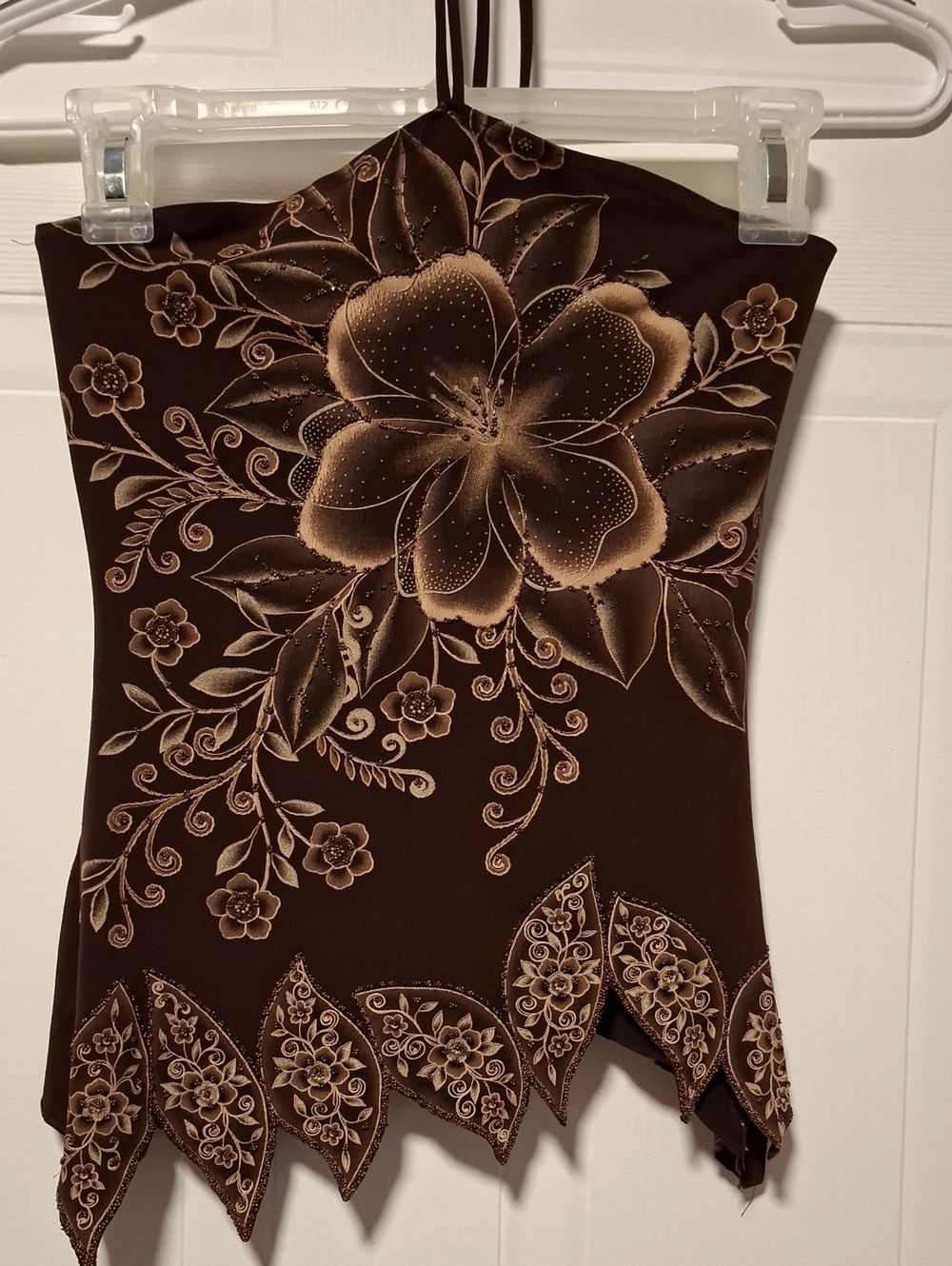Brown Floral A-line Top with Scalloped Hem